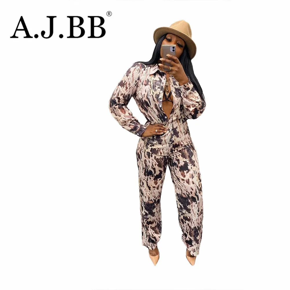 

Новинка лета 2021, стильный Повседневный Модный женский костюм с принтом, свободная рубашка с отложным воротником и длинными рукавами и брюки...