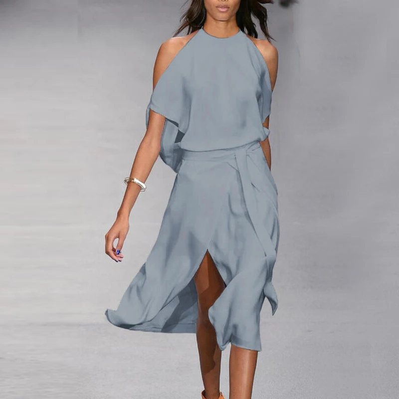 

Cold Shoulder Irregular Summer Women's Dress 2021 Lace Up Sexy Streetwear Party Dresses Female O-neck Front Split Lady Vestidos
