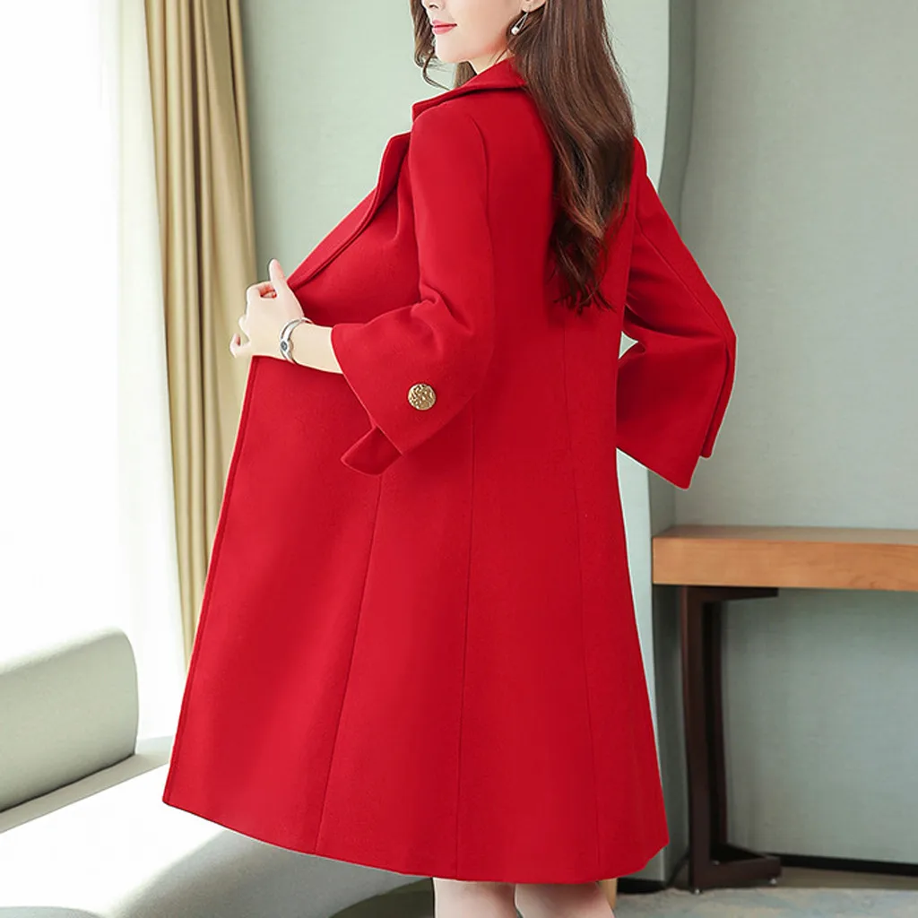 Женское длинное пальто на пуговицах элегантное шерстяное с отложным воротником
