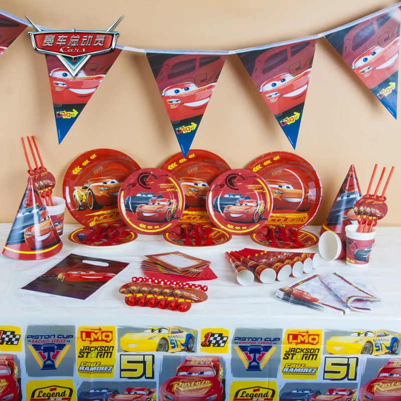 Dinsey Cars 3 Theme Paper Cup Plate Straw Child Boy Lightning McQueen Birthday Balloons Cards Banner Candy Box Tablecloth Supply