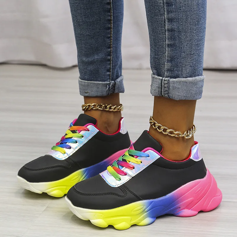 

Daddy Shoes Women 2021 New Color Graffiti Hand-painted Thick Bottom Increased Rainbow Women's Casual Sports Shoes Neon Sneakers