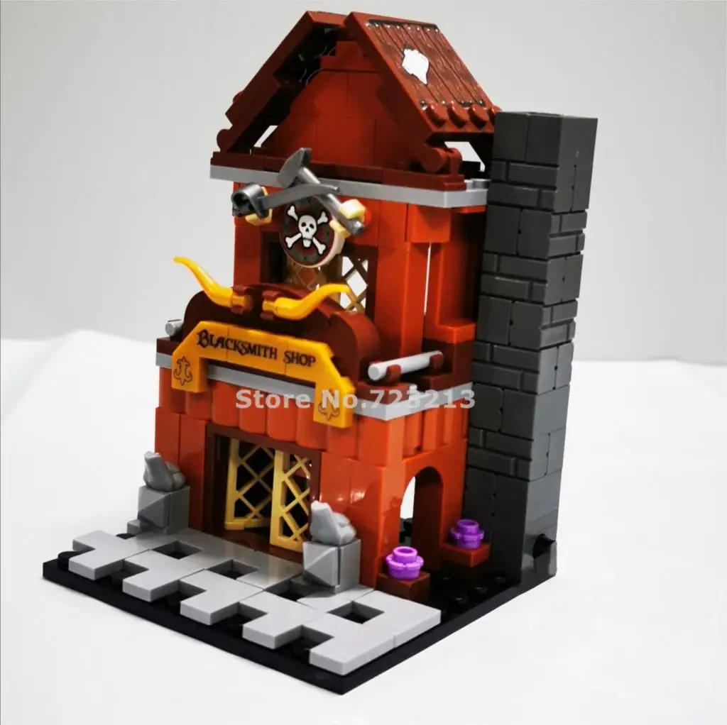 

Single Sale Pirates Caribbean Theme Mini Street City Seafood Market Bar Smithy Building Blocks Model Bricks Toys for Children