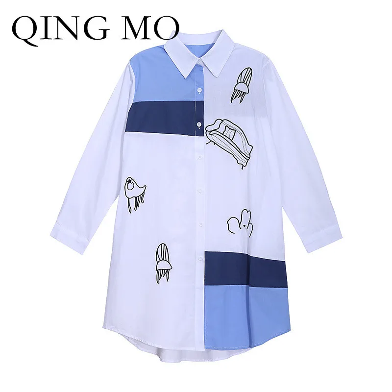 

QING MO 2021 Spring Autumn Fashion New Blouses Fashion Stitching Striped Long Blouses Trendy Casual Blouses White ZWL237