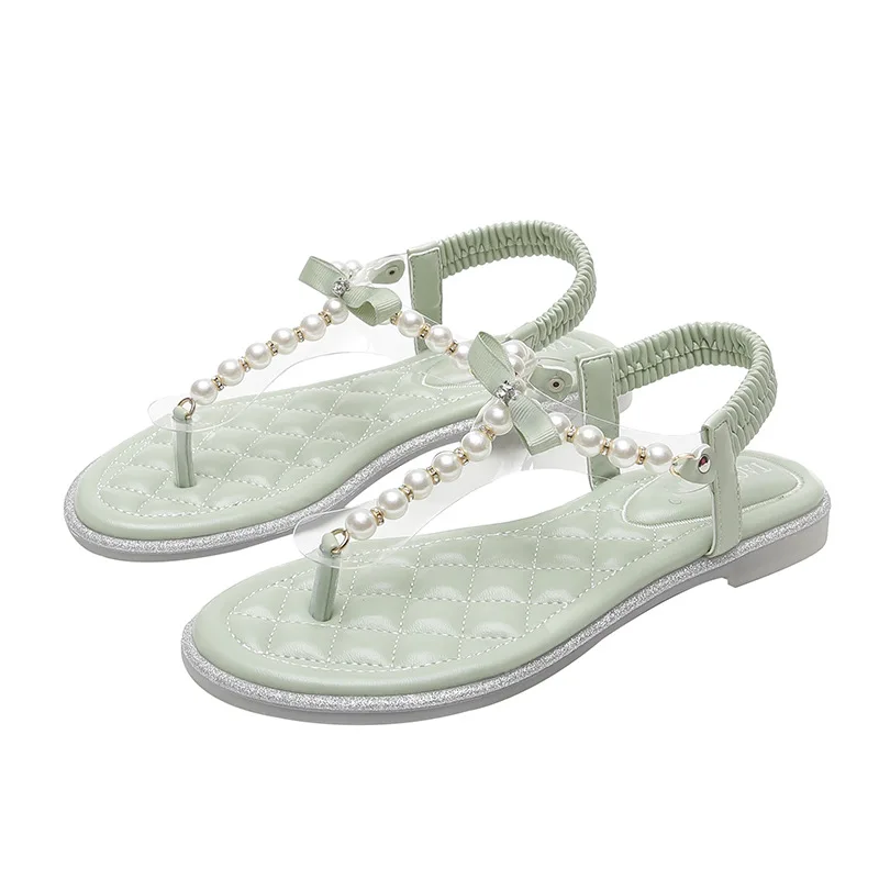 

Large Size Outside Sandals Flat Summer Shoes Woman Big Pearl Without Plastic Low 2021 Girls Fashion Scandals Fabric Buckle Strap