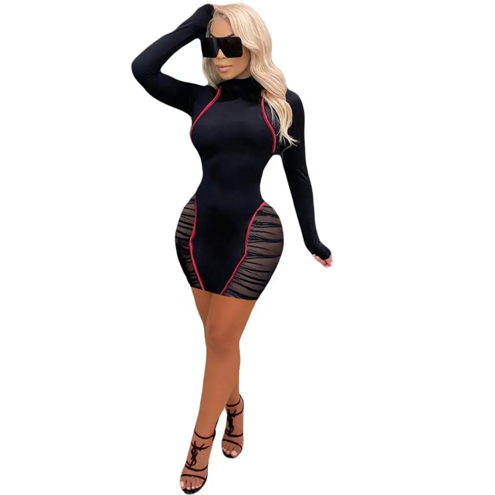 Пинг Чжао Осень Сетки Лоскутное облегающее платье миди для Для женщин уличная