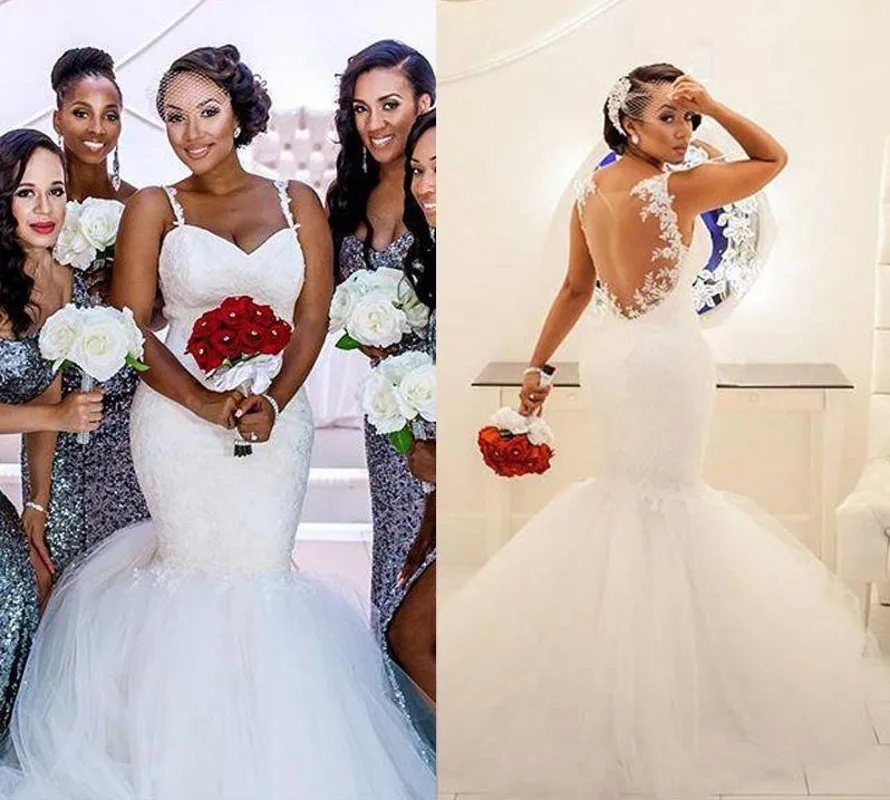 

New Plus Size Mermaid Wedding Dresses Sexy Illusion Back Lace Applique Sweep Train Spaghetti Straps Beach Bridal Gown Mariee