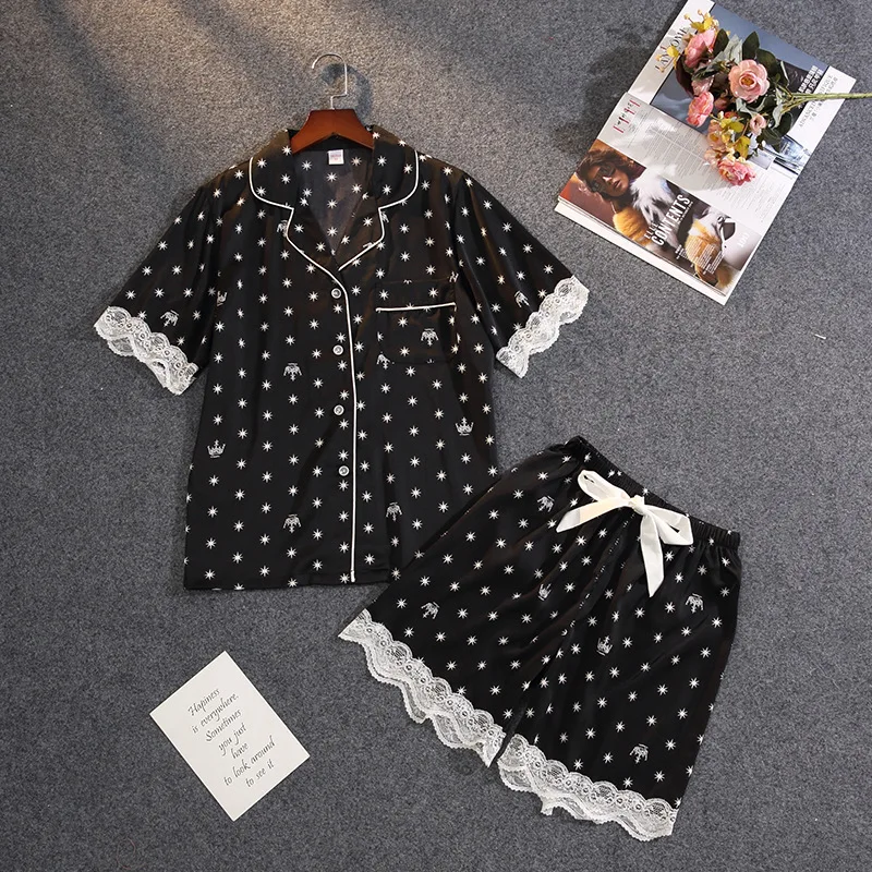 

Summer New Pajamas Women's Ice Silk Thin Sexy Lace Short-sleeved Shorts Suit Pyjamas