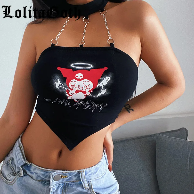 

Lolita Goth Crop Tops Female Harajuku Dark Halter Neck Chain Printed Navel Y2k Vest Top 2021 Summer Backless Tank Sexy Costume