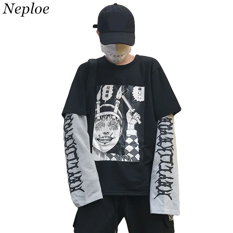 Neploe Harajuku Японская свободная футболка с мультяшным принтом, мужская и женская готическая одежда с длинным рукавом, повседневные Лоскутные Топы, уличная одежда 36951