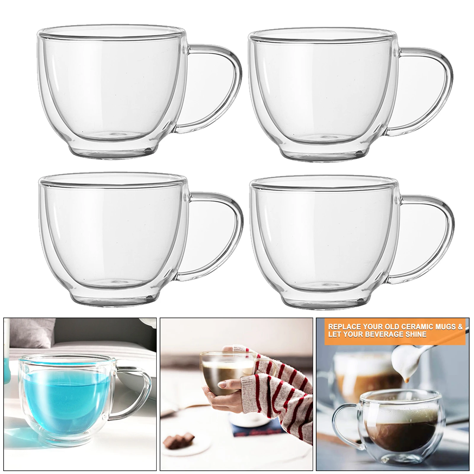 

4pcs Double Wall Glass Coffee Mug Insulated Tea Cup With Handle 200ml Transparent