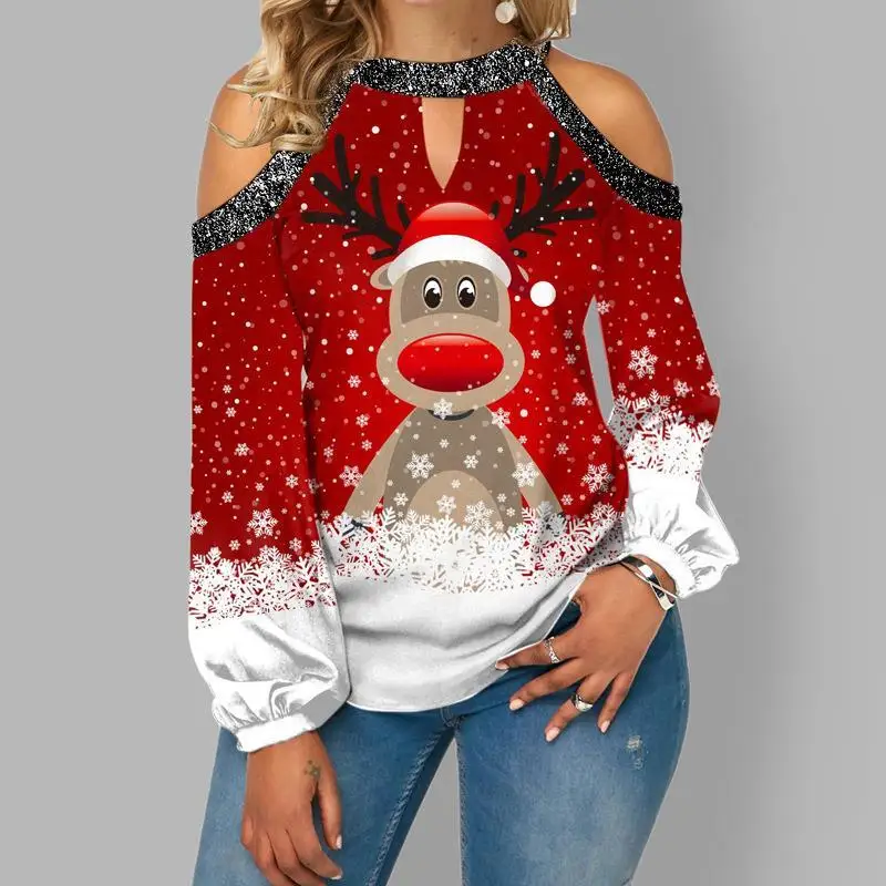 

Women's Shirt Ladies Long Sleeve Top Christmas Costume Lantern Sleeve Elk Print Snowflakes Sexy Deer Novel Blouse Female Top 5XL