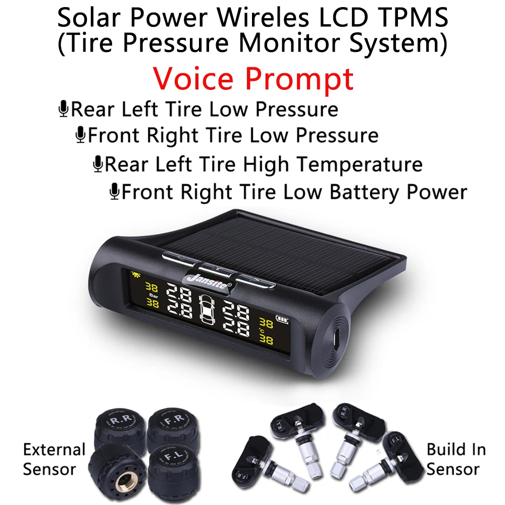 

Voice Announcements LCD Tire Pressure Alarm Monitoring System Tyre Temperature Warning Digiral Smart Car TMPS USB & Solar Power