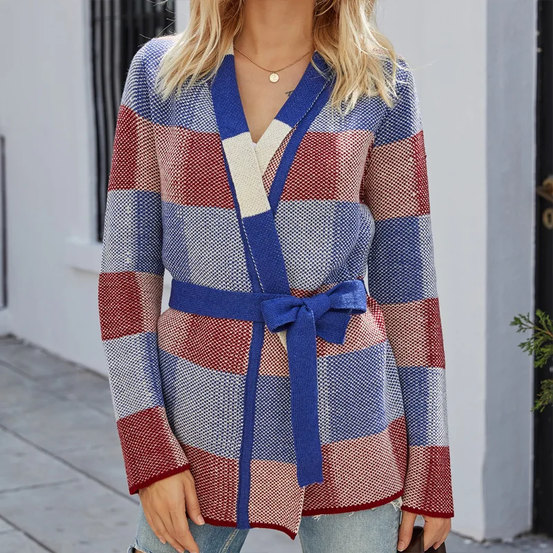 

2020 Autumn and Winter New Style Contrast Color Pattern Knitted Cardigan Cross Border British Waist Hugging Slimming Knitted Swe