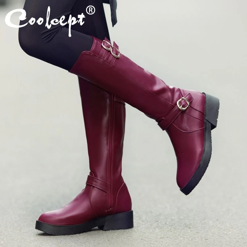 

Coolcept Size 34-43 Women Knee Boots Fashion Buckle Zipper Flats Winter Shoes Woman Warm Long Boot Office Lady Daily Footwear
