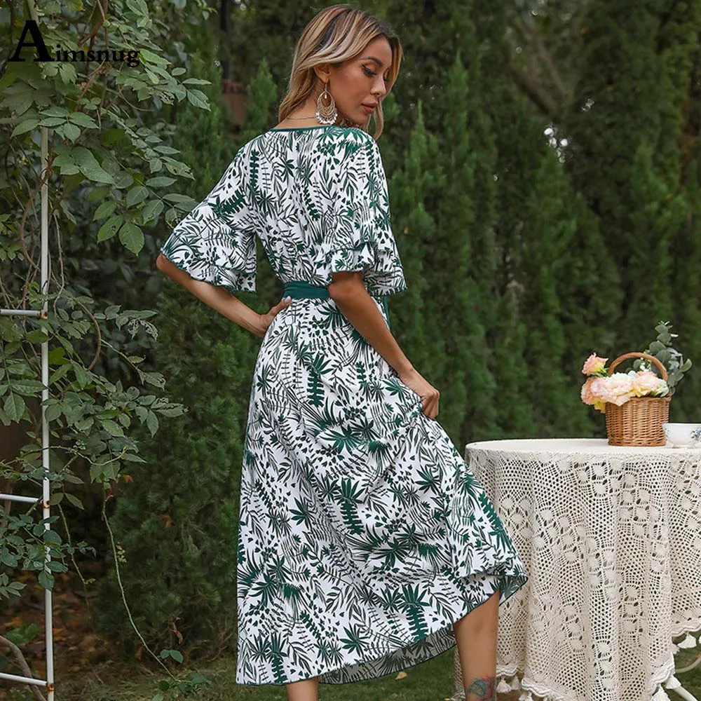 

Women Lace-up V-neck Dress Sexy Femme Clothing Simple Boho Flower Print Party Dresses Vintage 2021 Summer Casual Mid-Calf Dress