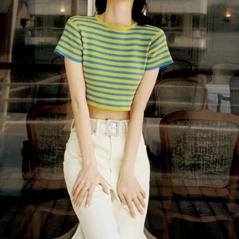 

Retro Simple Navel Stripe Short-sleeved Threaded Knit Color Matching T-shirt All-match Cropped Top Xia Ms. Nine-point Top 2021
