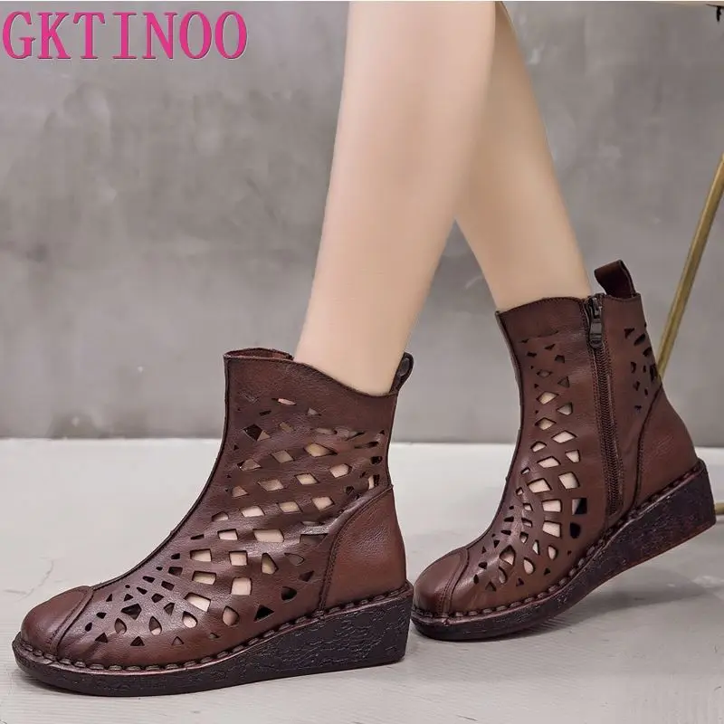 

GKTINOO Summer Women Ankle Boots Handmade Genuine Leather Hollow out Sandals Wedge Women's Shoes Soft Bottom Women Boots