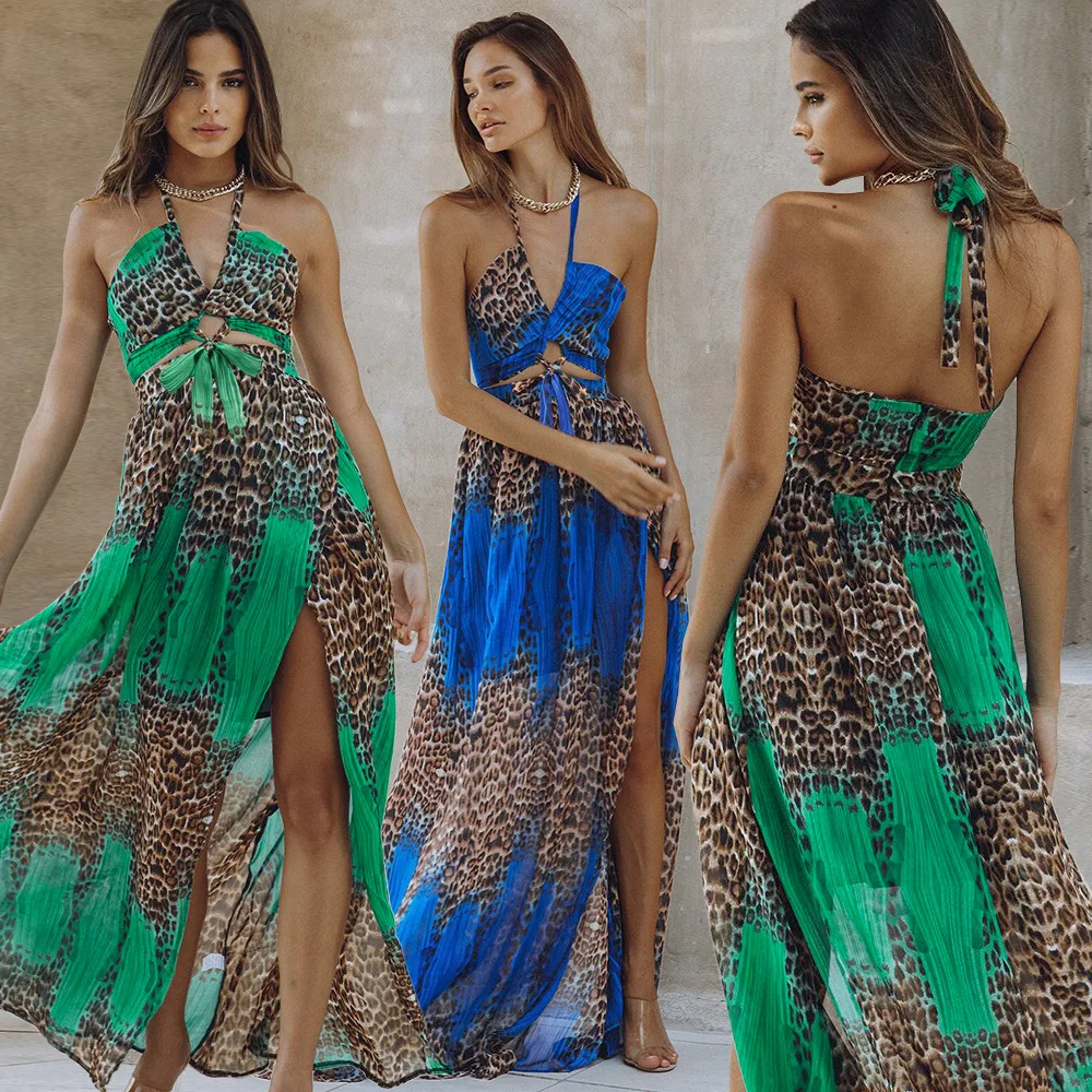 

Leopard Print Maxi Dress Women Summer 2021 New Backless Halter Lace Up Sexy Dress Chiffon Big Swing Bohemian Long Dresses