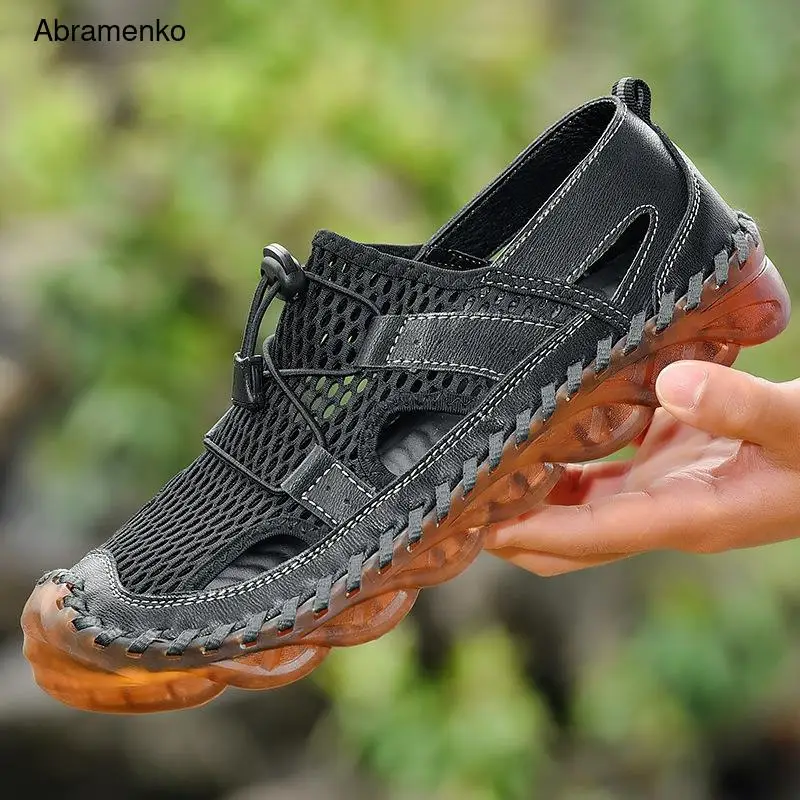 

Hollow Out Men Genuine Leather Sandals Man Outdoor Casual Shoes Breathable Fisherman Shoes Black Men Beach Shoes Size 38-46