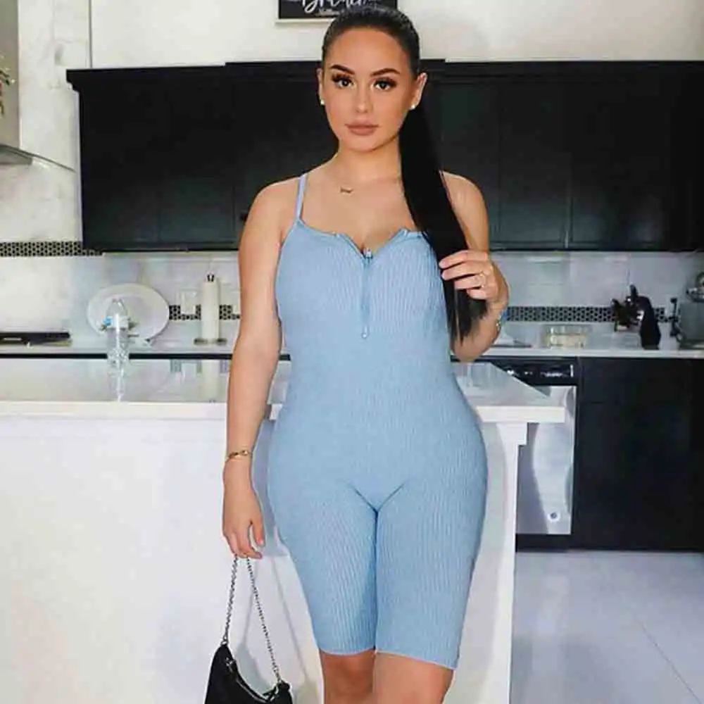 

Zipper V-Neck Sleeveless Playsuit Women Slim Elastic Summer Strap Rompers Bodysuit Casual Sexy Solid Color New 2020