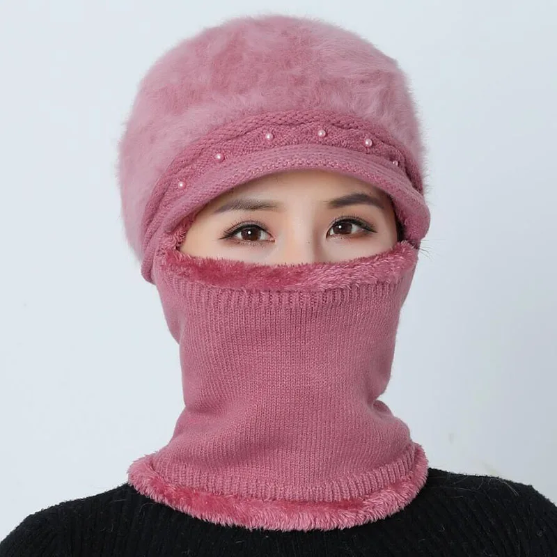 Высококачественные зимние шапки для женщин Skullies Beanie cap шляпки из шерсти набор теплая маска Gorras шапка из кроличьего меха Вязаная Шапка