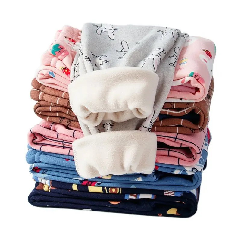 

Baby Boys Girls Winter 4-12Years Cartoon Car Pattern Plush Full Length Pants Kids Casual Can For Outerwear Underwear