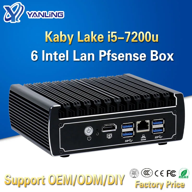 

Yanling Newest Pfsense Box 7th Gen Kaby Lake Intel i5 7200u 2.5GHz Dual Core fanless case 6 lan mini server pc support AES-NI