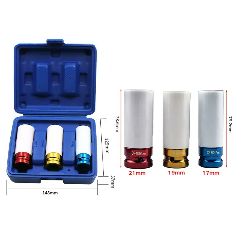 

3Pcs Auto Car 1/2" 17mm/0.67in 19mm/0.75in 21mm/0.83in Alloy Thin Wall Wheel Nut Deep Impact Socket Drive Set Gift Box Repair