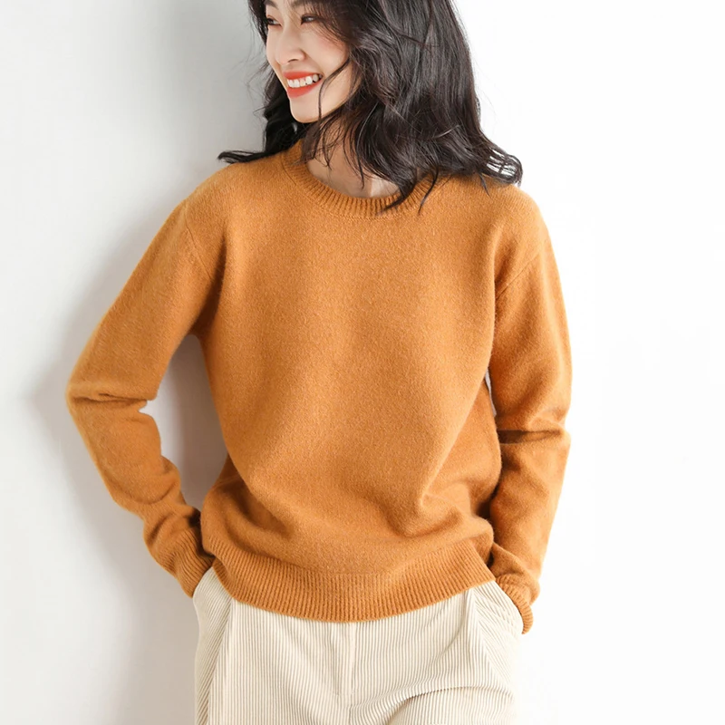 

Женский вязаный кашемировый свитер, Свободный пуловер с круглым вырезом, толстый базовый джемпер, Осень-зима 2021