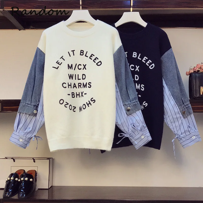 

Свитер в стиле High Street, женская одежда, Свободный вязаный джинсовый свитер в стиле пэчворк с буквенным принтом, корейские Зимние Топы с длинн...