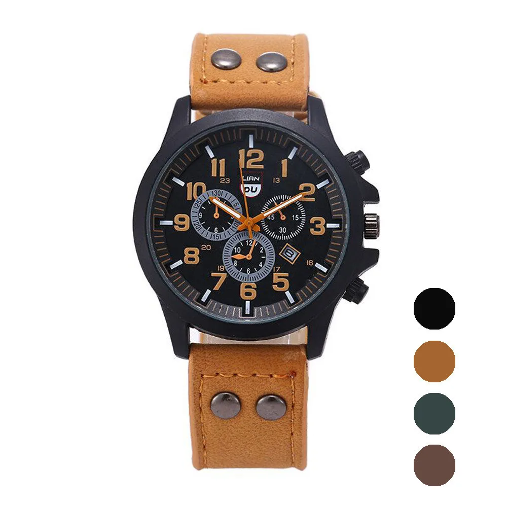 

Military Men Watch Leather Strap Waterproof Wristwatch Male Three Eyes And Six Pointer Dial Wrist Clock Reloj Hombre homme