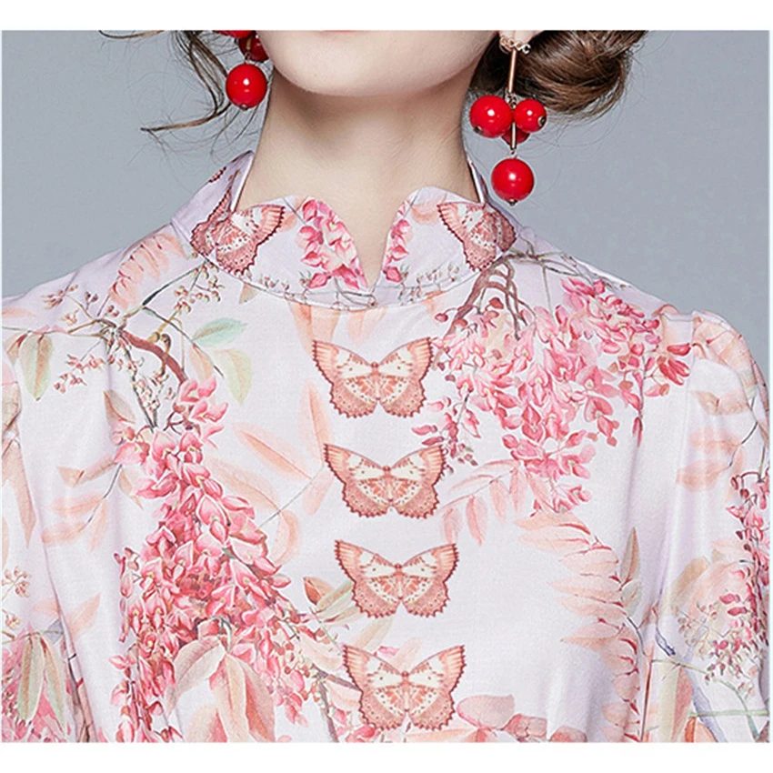 

2021 European Fashion Spring Dresses Women Puff Sleeve Butterfly Print Pink Elegant Dress Ladies High Waist Mini Shirt Dress