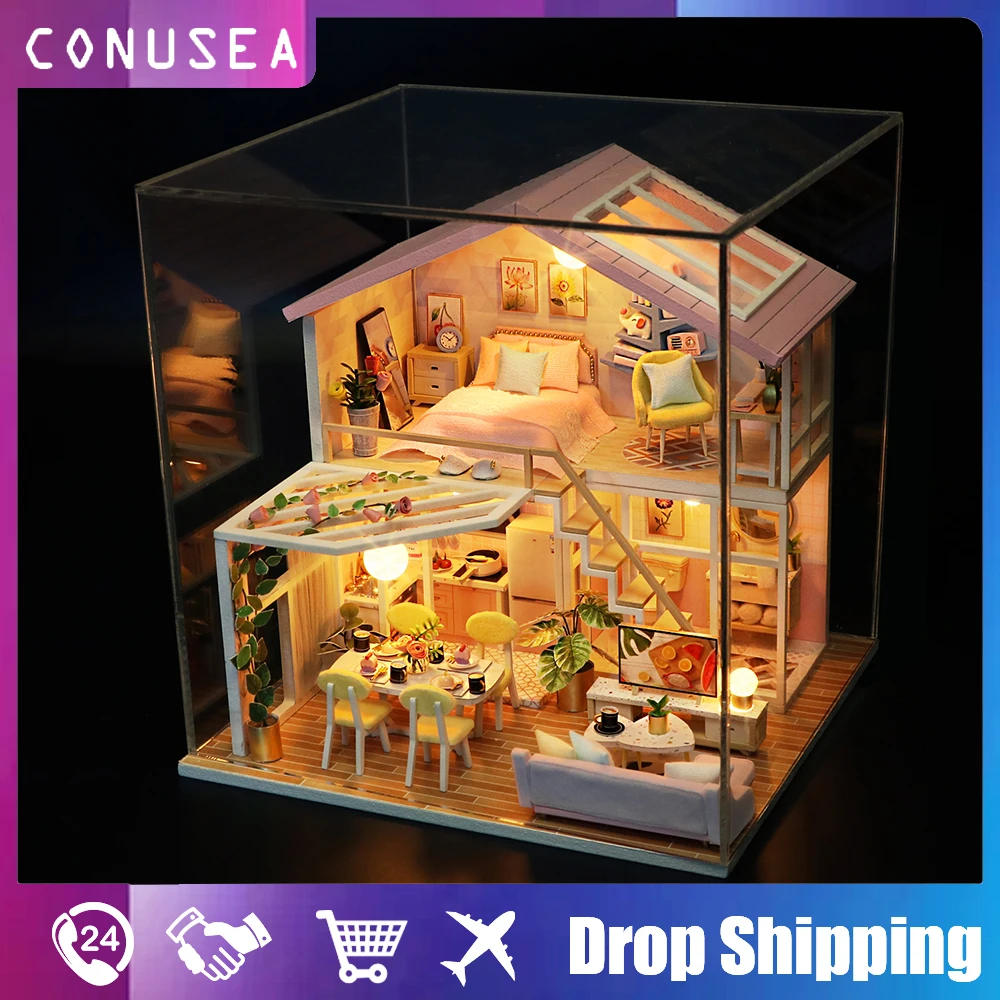 3D Wooden Miniature DIY Dollhouse Handmade Furnitures Lights Doll House Model Princess castl Building Toys Adult Child Girls