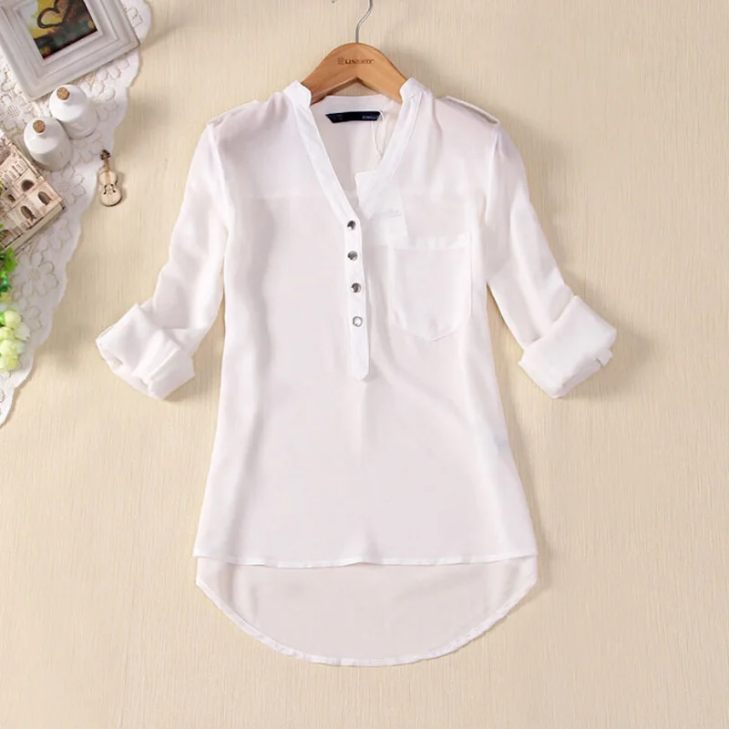 

YSDNCHI Summer Polyester Plus Size Chiffon Shirt Women Blouses Top Long Sleeve Casual Blue White Button Pocket