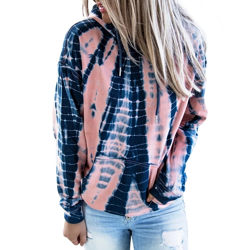 

Women Tie Dye Spiral Stripes Hoodies Long Sleeve Drawstring Pullover Sweatshirt BX0B