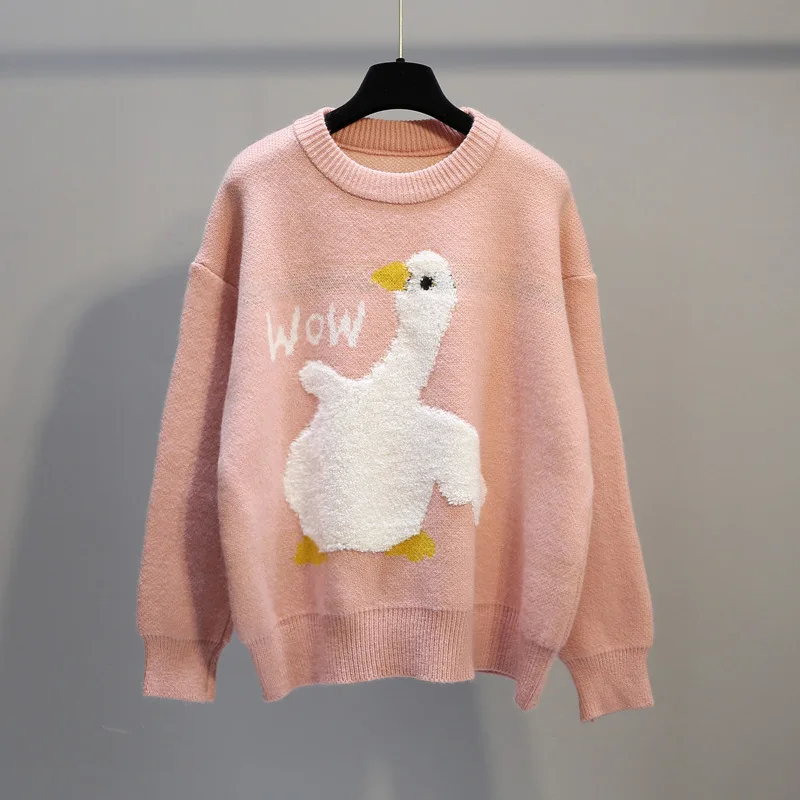 Мужской вязаный свитер с круглым вырезом и мультяшным рисунком утки гуся |