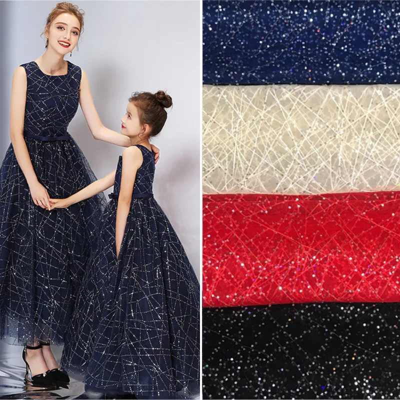 

Shiny Embroidered Tulle Lace Fabric Sequins Dress Fabric for Sewing Cloth Wedding Gowns Black White Red Pink Blue By the Yard
