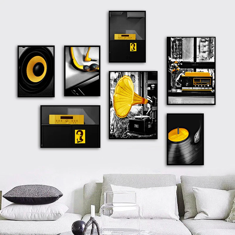 

Retro Radio Vinyl Records Wall Art Canvas Painting Nordic Yellow Poster Prints Vintage Pictures For Living Room Home Decoration