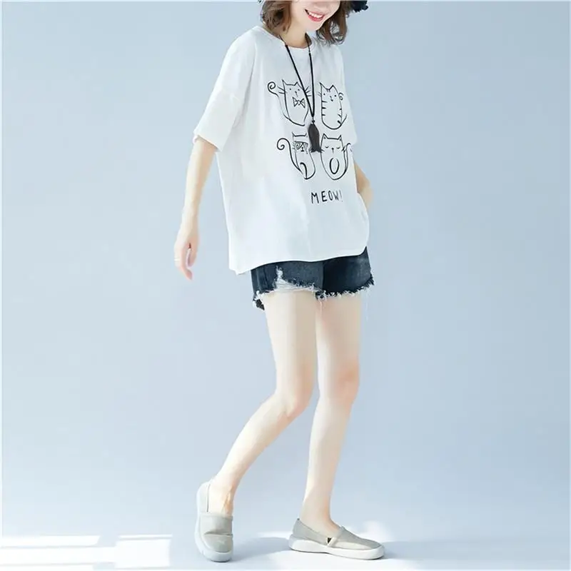 2020 летняя Корейская Хлопковая женская футболка с рисунком кошки милая белая