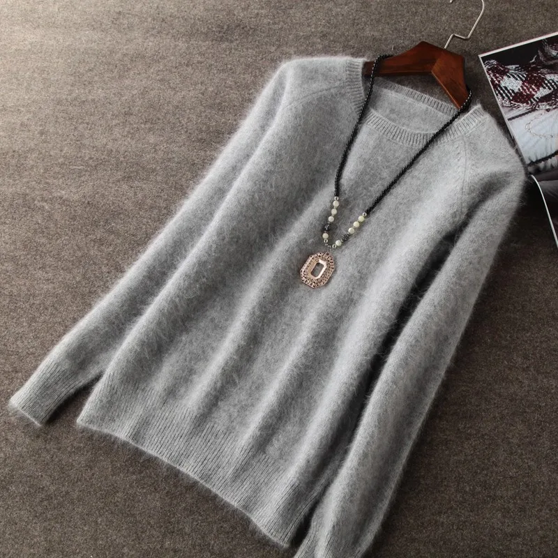 Женский кашемировый свитер с длинным рукавом и круглым вырезом розовая вязаная