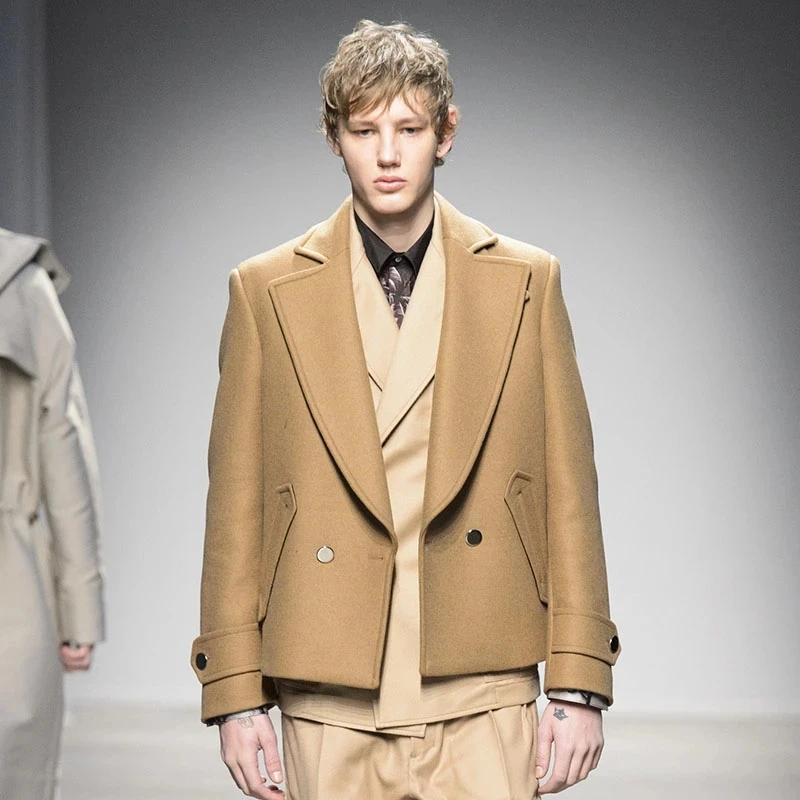 

Мужское шерстяное пальто, классическое простое однобортное короткое пальто верблюжьего цвета, Осень-зима 2021