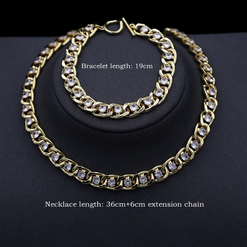 

Luxury Dubai Gold Color Jewelry Sets For Women Round Cubic Zirconia Stone Necklace Crystal Bracelet Wedding Bridal Jewelry Set