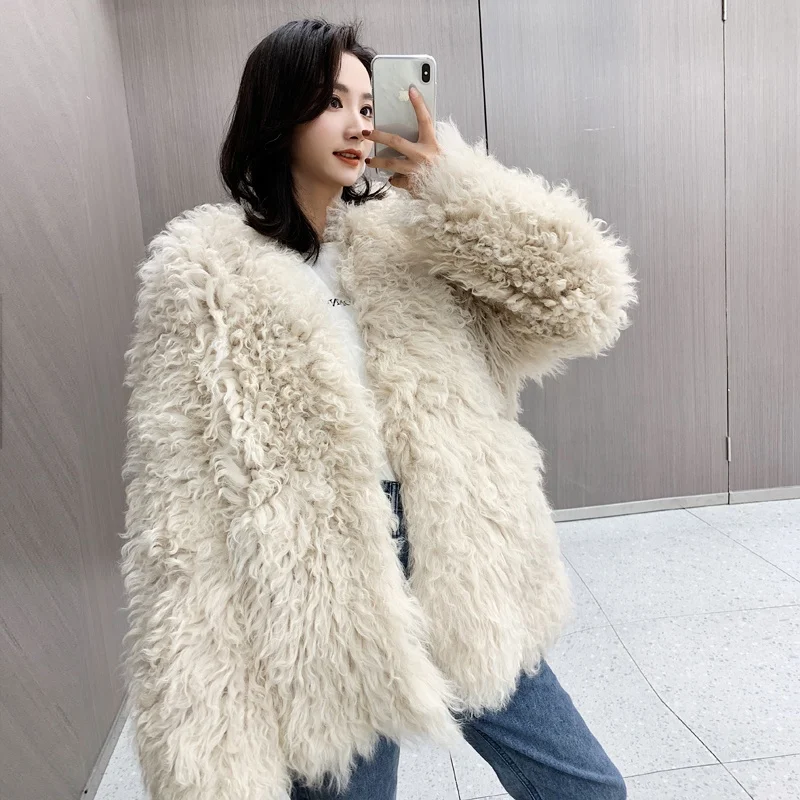 Шикарная одежда женская верхняя зимняя куртка оверсайз из натурального овечьего