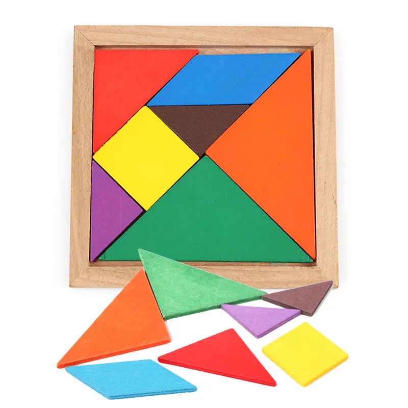 1Pc Montessori Wooden Tangram 7 Piece Jigsaw Puzzle Colorful Square IQ Game Brain Teaser Intelligent Educational Toys for Kids