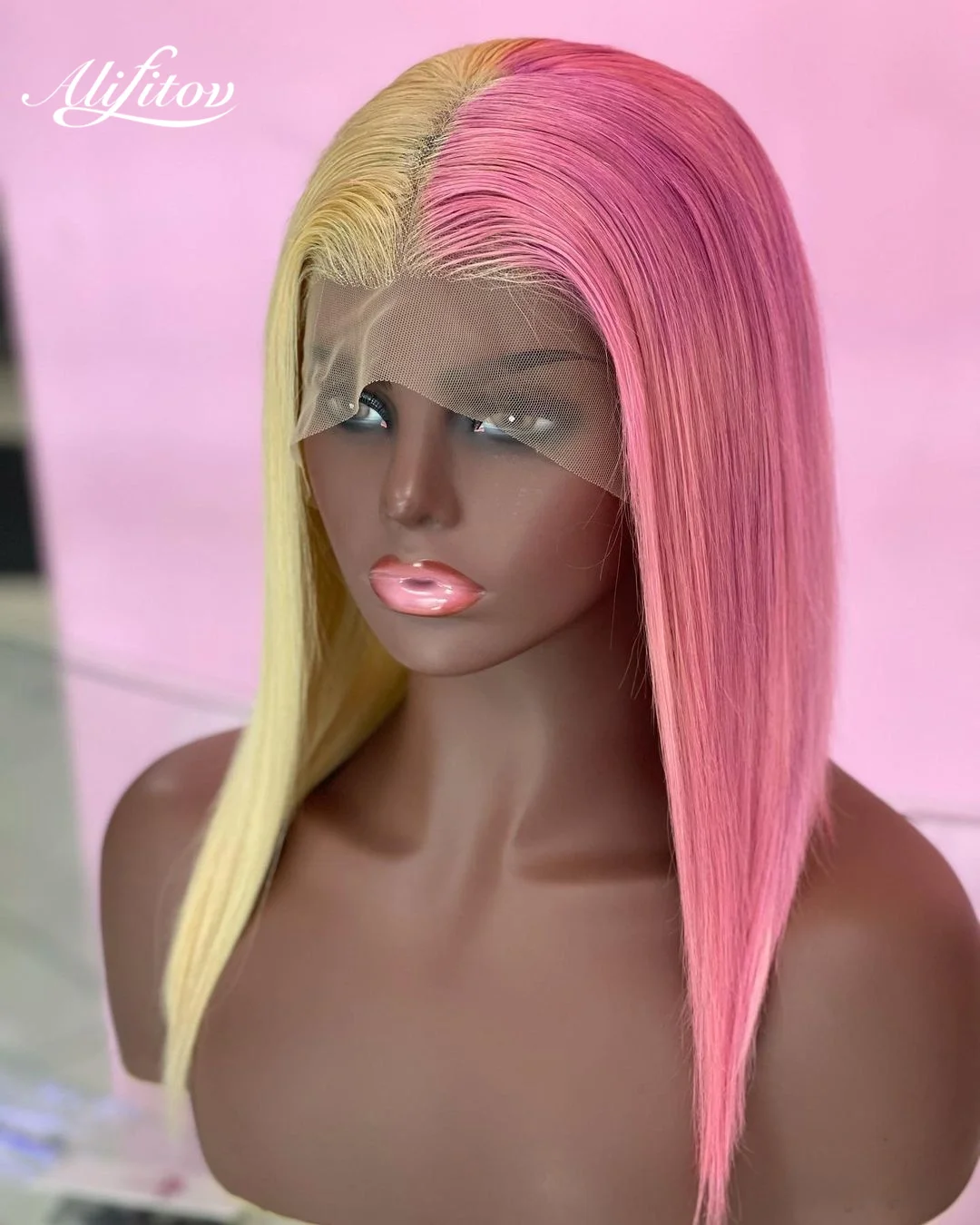 

ALIFITOV Half Purple Pink Red Lace Front Wig Straight Bob Human Hair Wigs 13*4 Short Bob Wig Brazilian Colored Human Hair Wigs