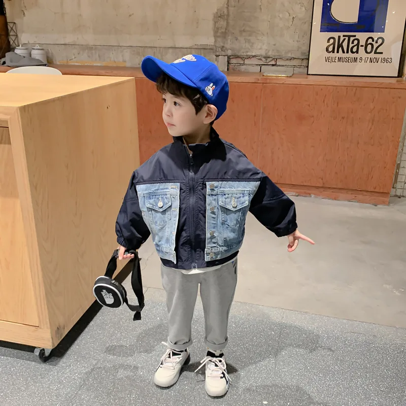 

Куртка для мальчиков, одежда на весну и осень, новинка 2021, Детская тонкая ветровка с воротником-стойкой и сращивающимися джинсами