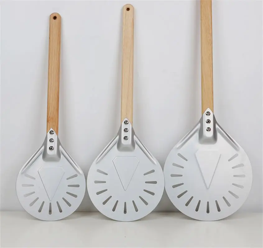 

7 8 9 inchPizza Turning small Pizza Peel Paddle Short round Pizza Tool Non Slip wooden Handle Perforated Pizza Shovel Aluminum