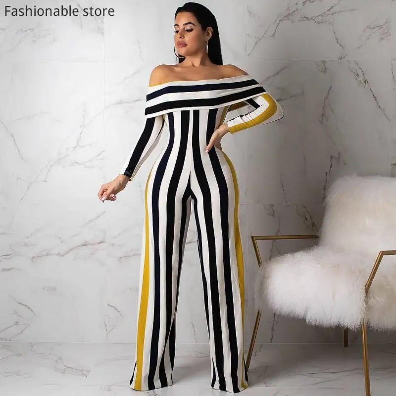 

Women Long Sleeve Striped Print Off Shoulder Wide Leg Jumpsuits