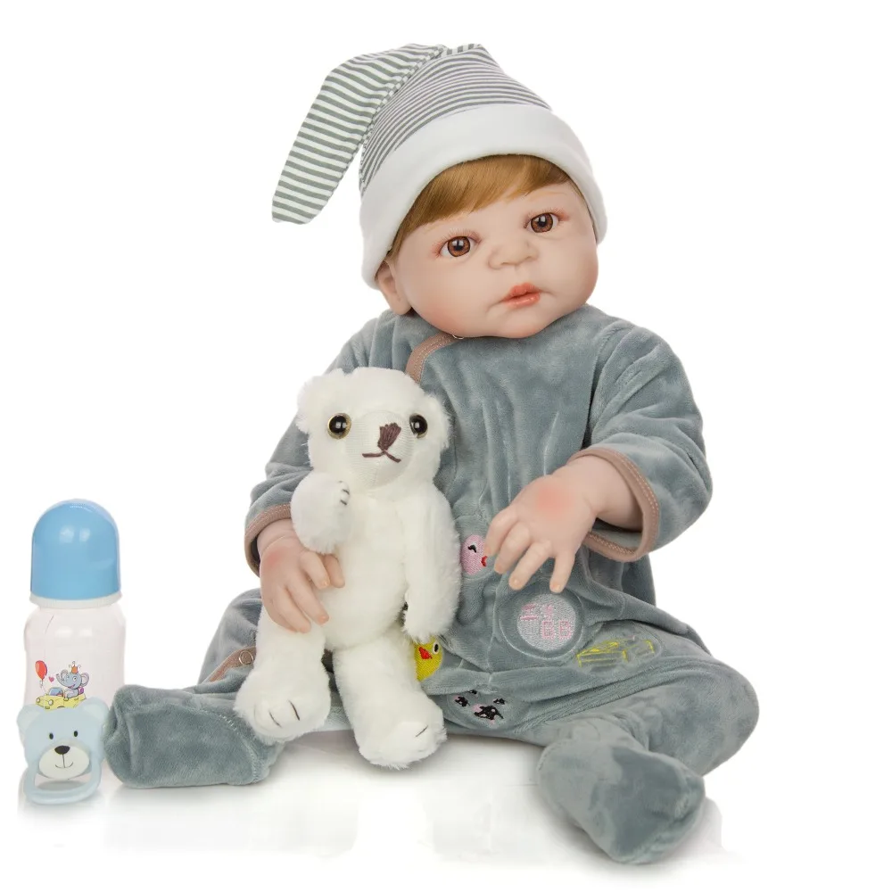 

56cm Bebe boy Reborn Newborn Baby Dolls Wearing grey clothes Lifelike Full Body Silicone Babies Toddler Dolls Toys girls gift