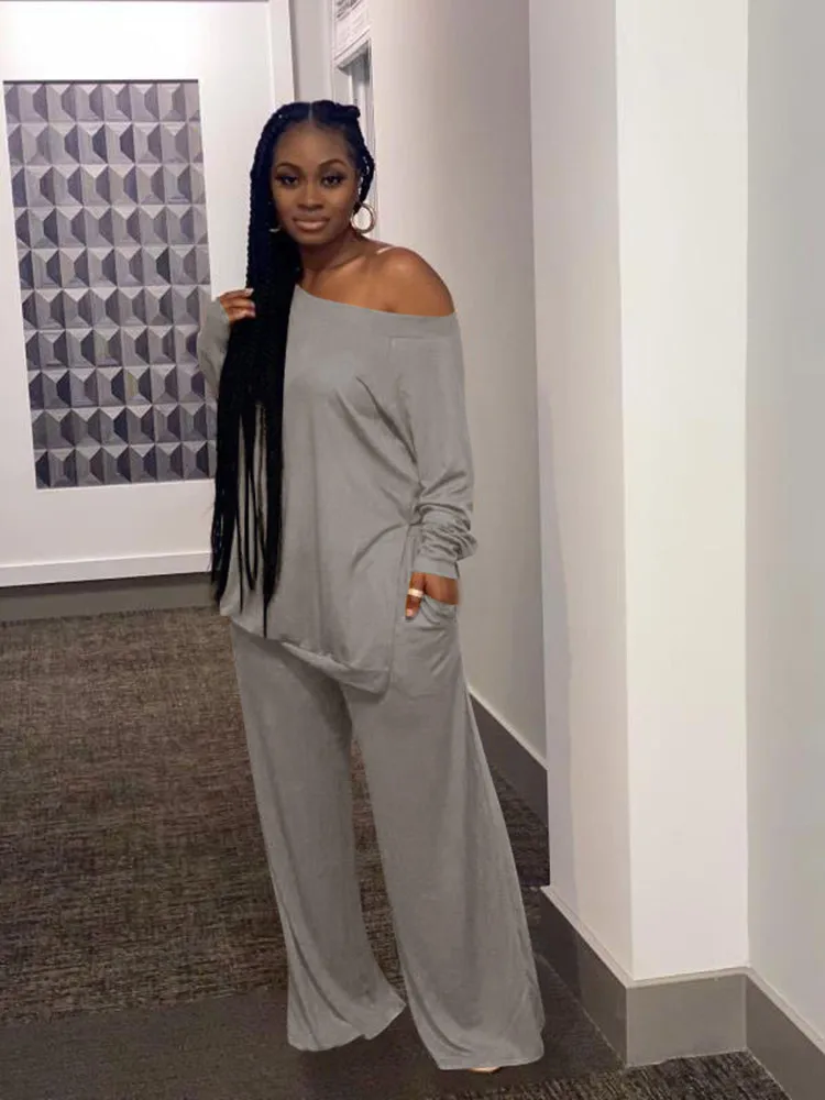 

2 Piece Set Women Fashion Long Sleeve Top Wide Leg Pants Loose Casual Homewear Two piece Suit Plus Size Women Outfits